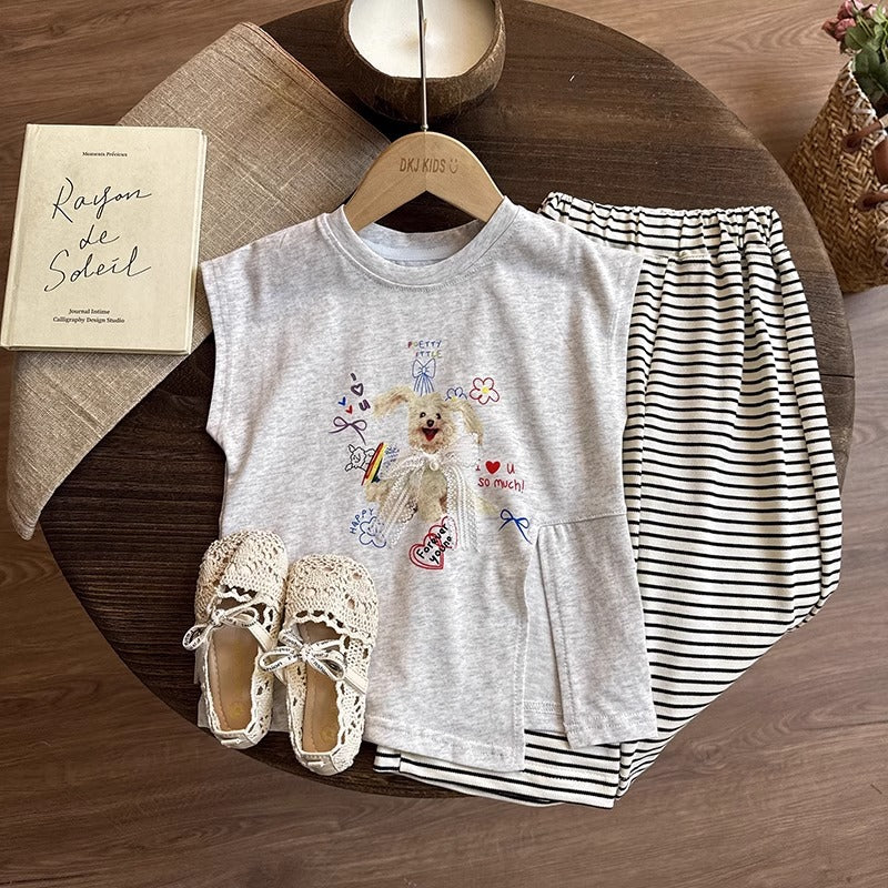 Girls Korean Sleeveless Set – Cartoon Top & Striped Pants