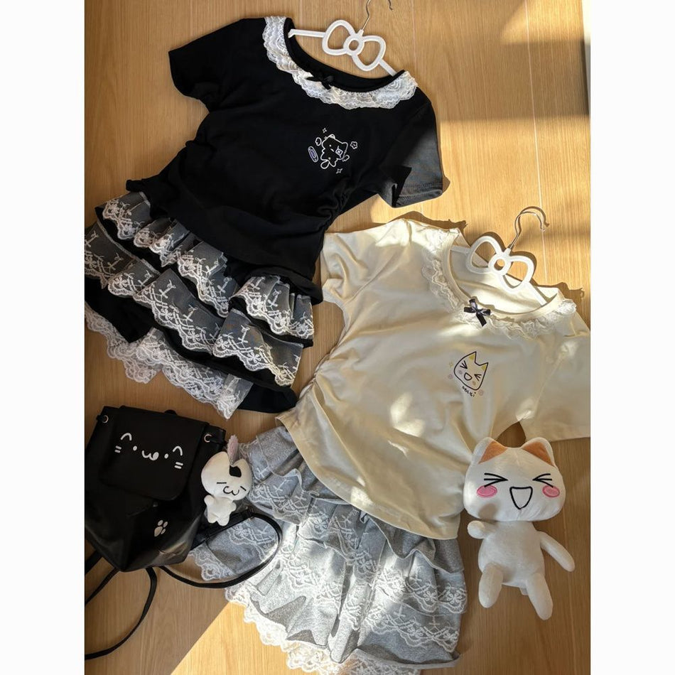 Girls Lace Korean Dress Set – Cartoon Summer Outfit