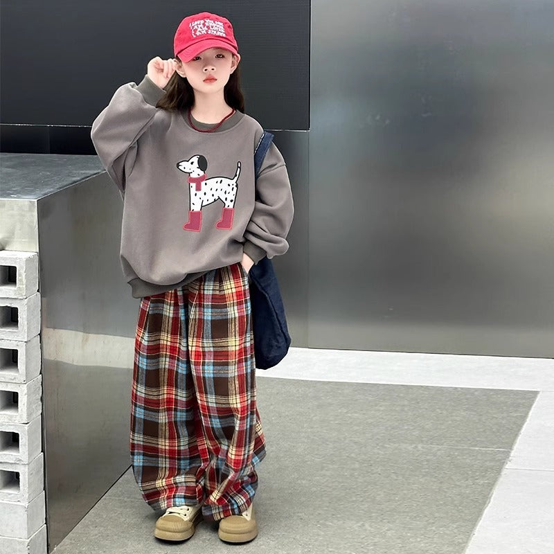 Girls Korean Cartoon Plaid Set – Spring Autumn Outfit