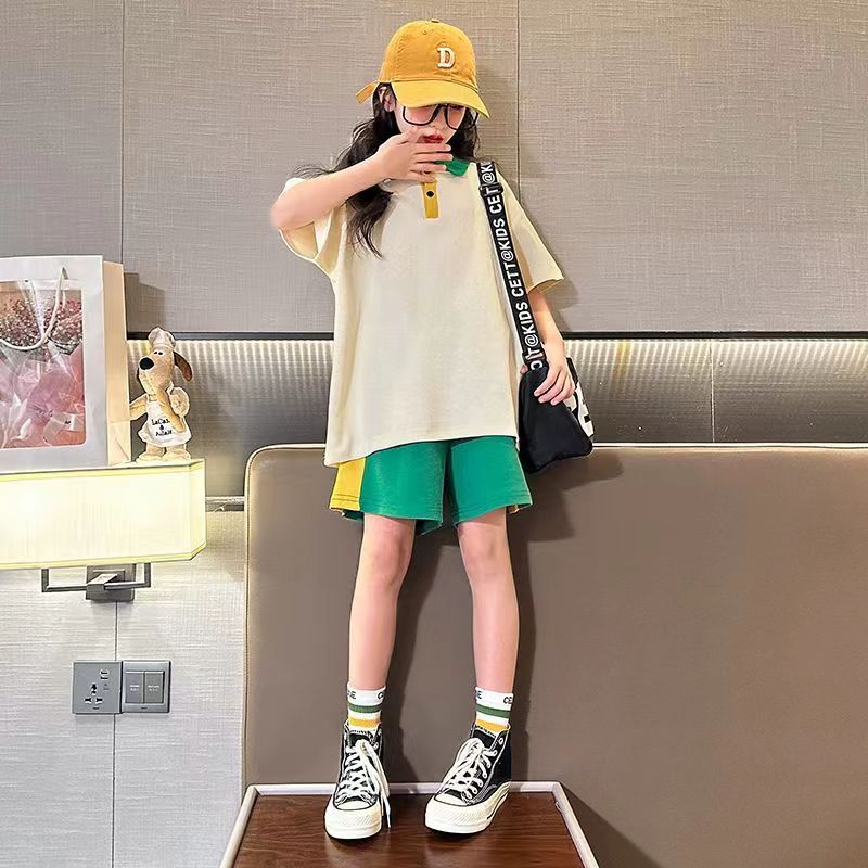Girls Korean Color Match Set – Summer Two-Piece Outfit