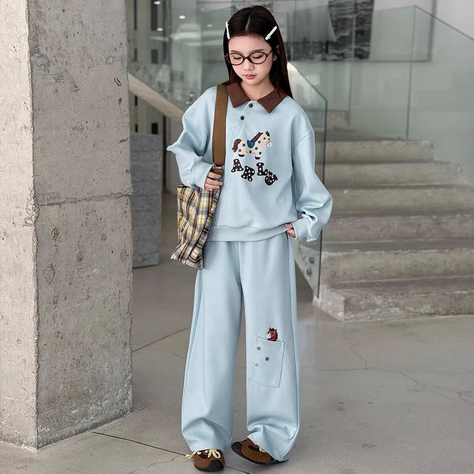 Girls Contrast Lapel Sweater Set – Spring Outfit