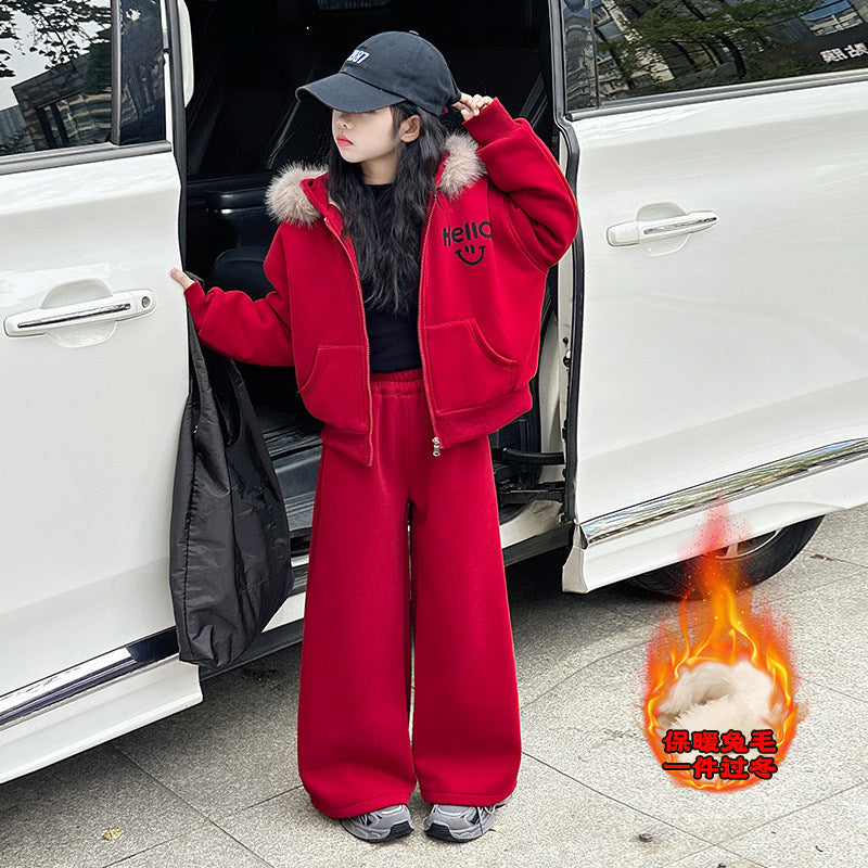 Girls Hooded Coat Set – Fleece Winter Pants Outfit