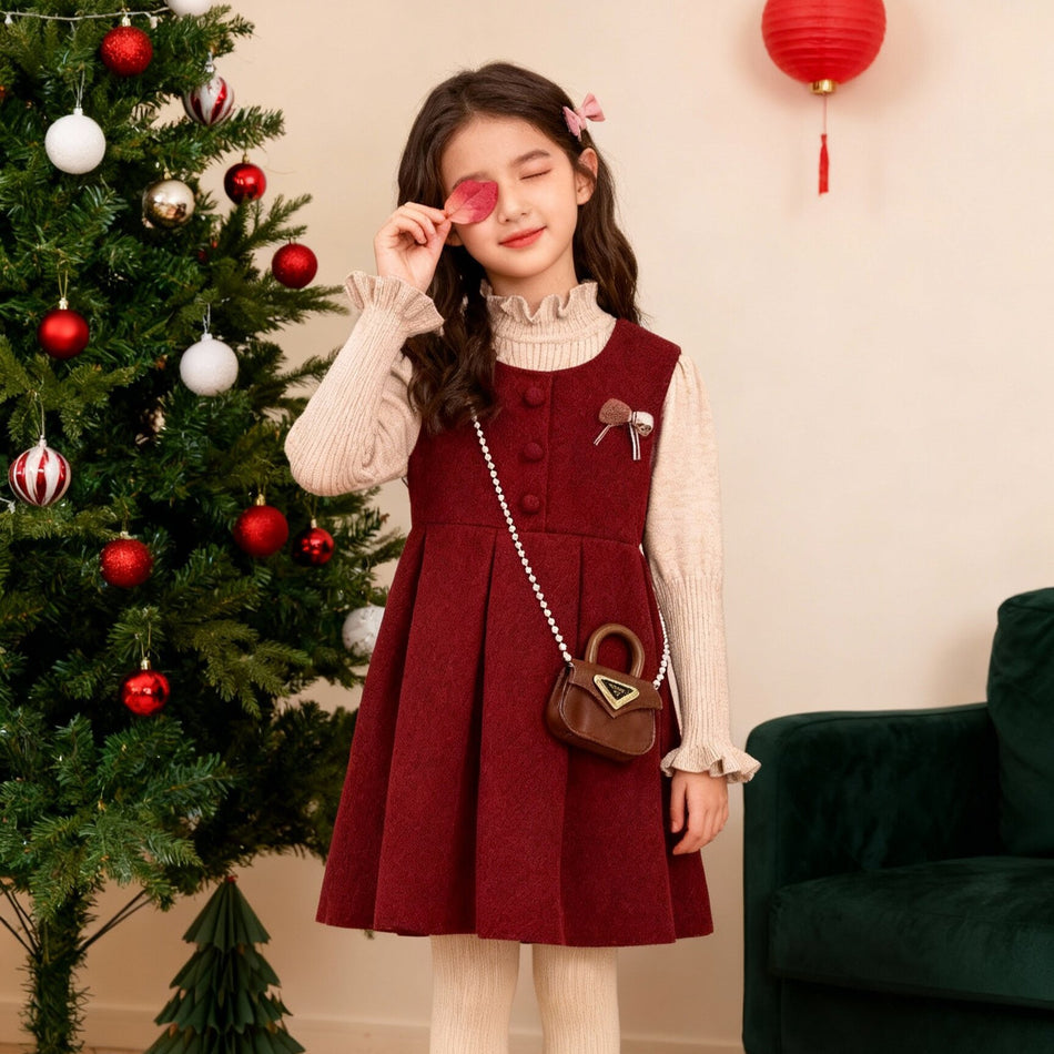 Girls Retro Red Vest Set – Winter Princess Dress
