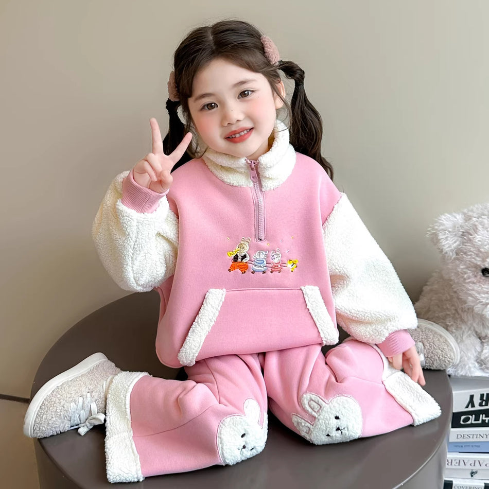 Girls Cartoon Pants Set – Winter Stand Collar Outfit