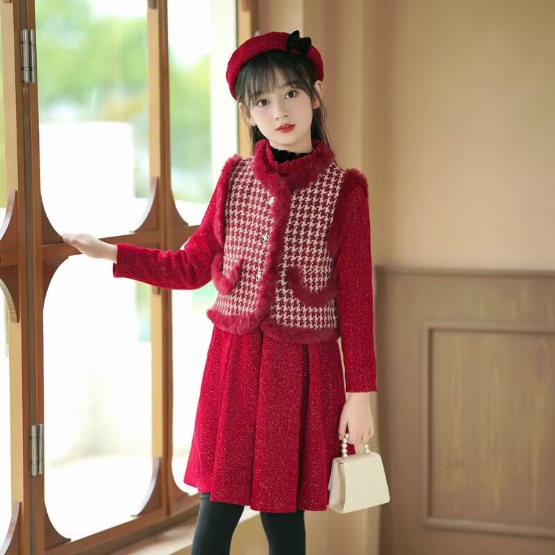 Girls Red Plaid Vest Dress Set – Winter Princess Outfit