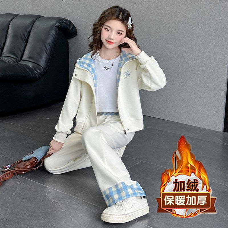 Girls Hooded Plaid Set – Winter Velvet Jacket Outfit