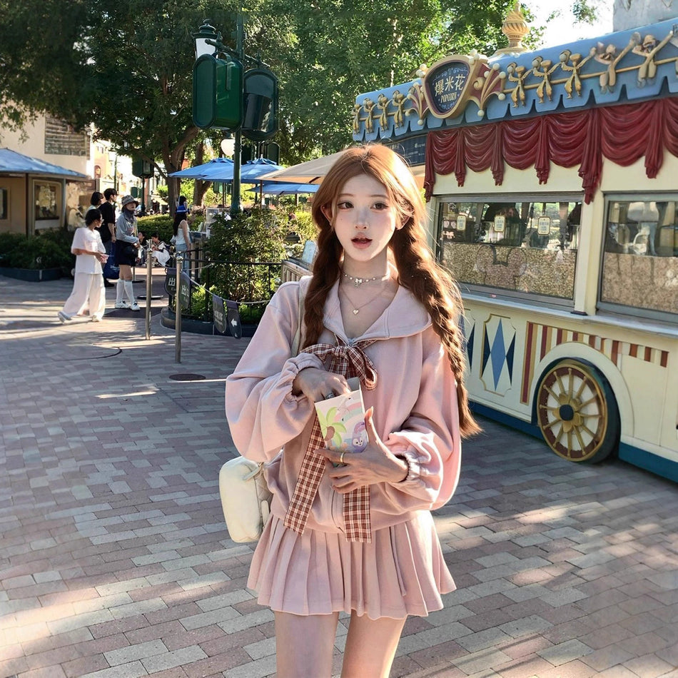 Girls Hooded Plaid Pleated Skirt Set Korean Style