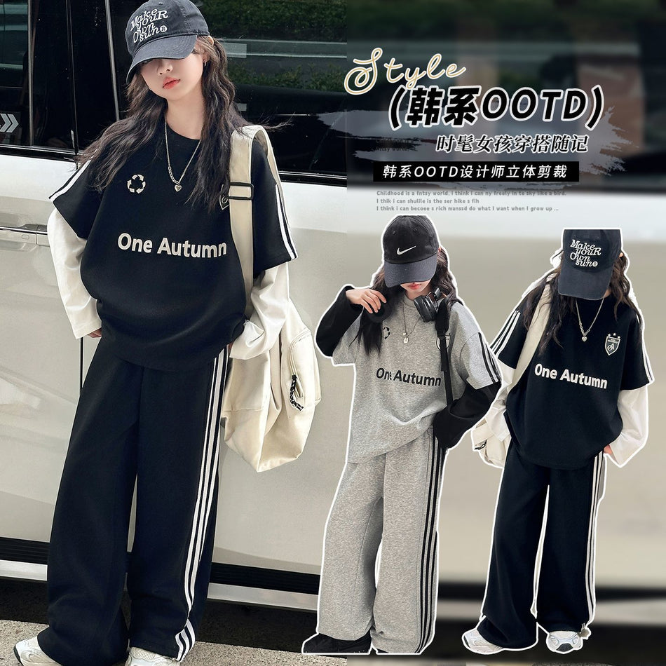 Girls Color Block Faux Two-Piece Korean Outfit Set