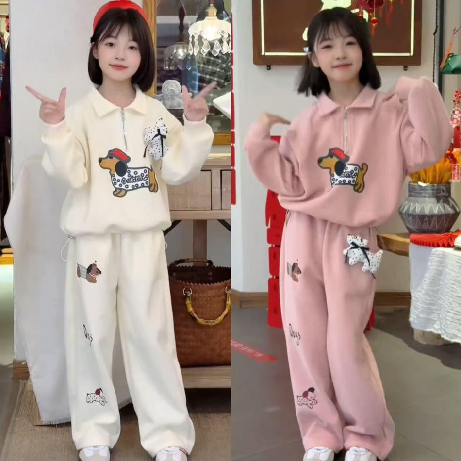 Girls Dachshund Cartoon Sweatshirt Set Spring Autumn