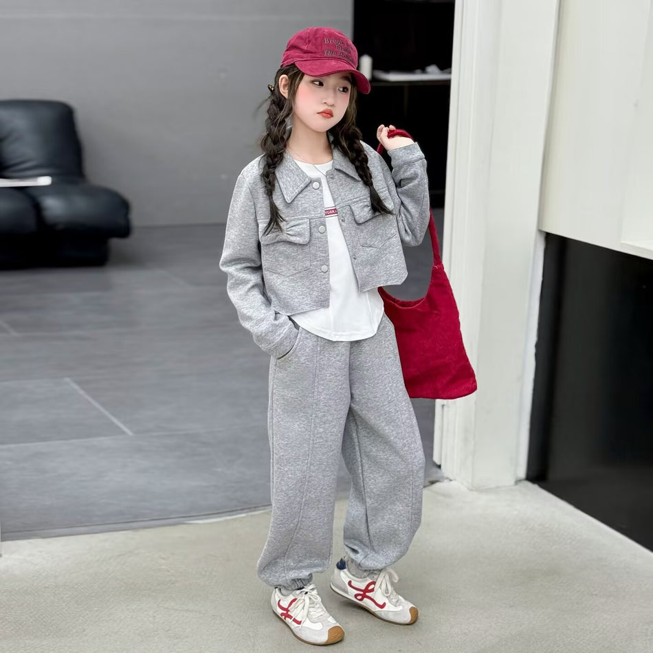 Girls Korean Cardigan Bow Sweatshirt Set Spring Autumn