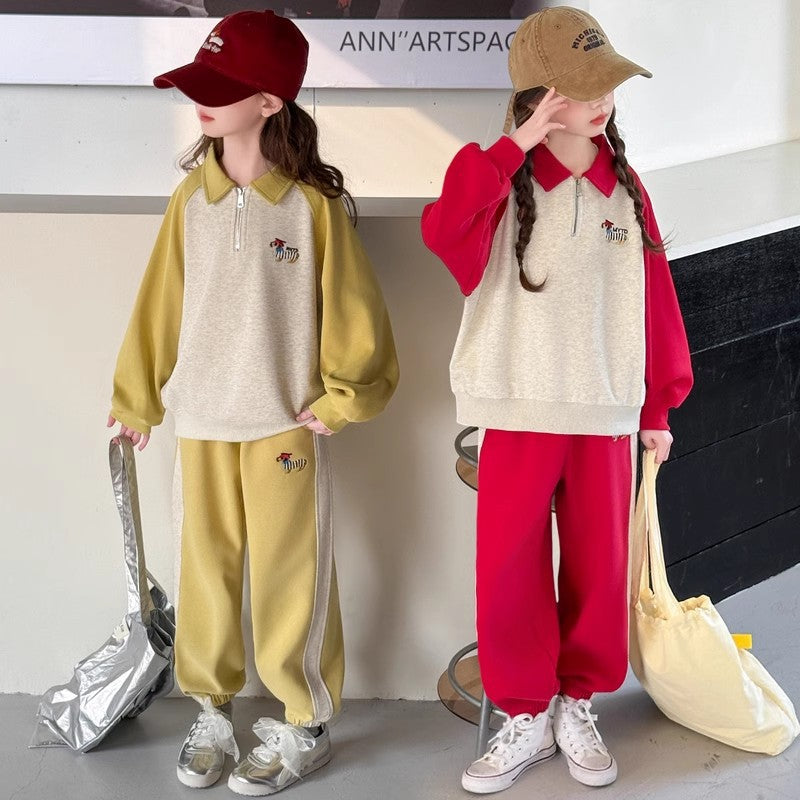 Girls Raglan Polo Sweatshirt Set Spring Autumn