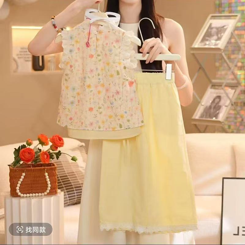 Girls Floral Princess Vest Dress Set Summer Style