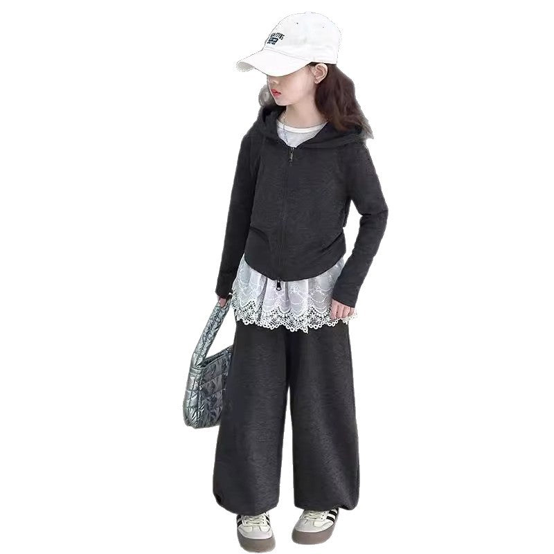 Girls Lace Wide Leg Pants Hoodie Set Spring Autumn