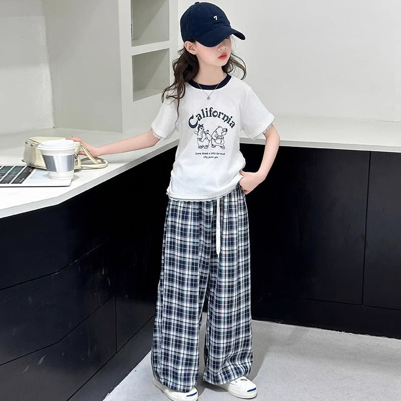Girls Summer Plaid Outfit Set with Casual Pants