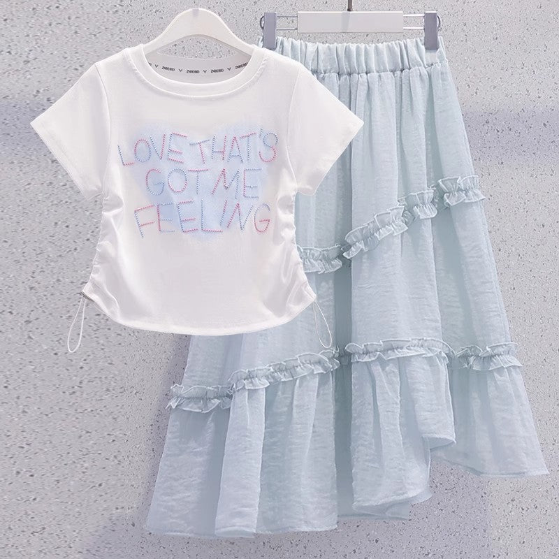 Girls Lace Skirt Two-Piece Summer Outfit Set