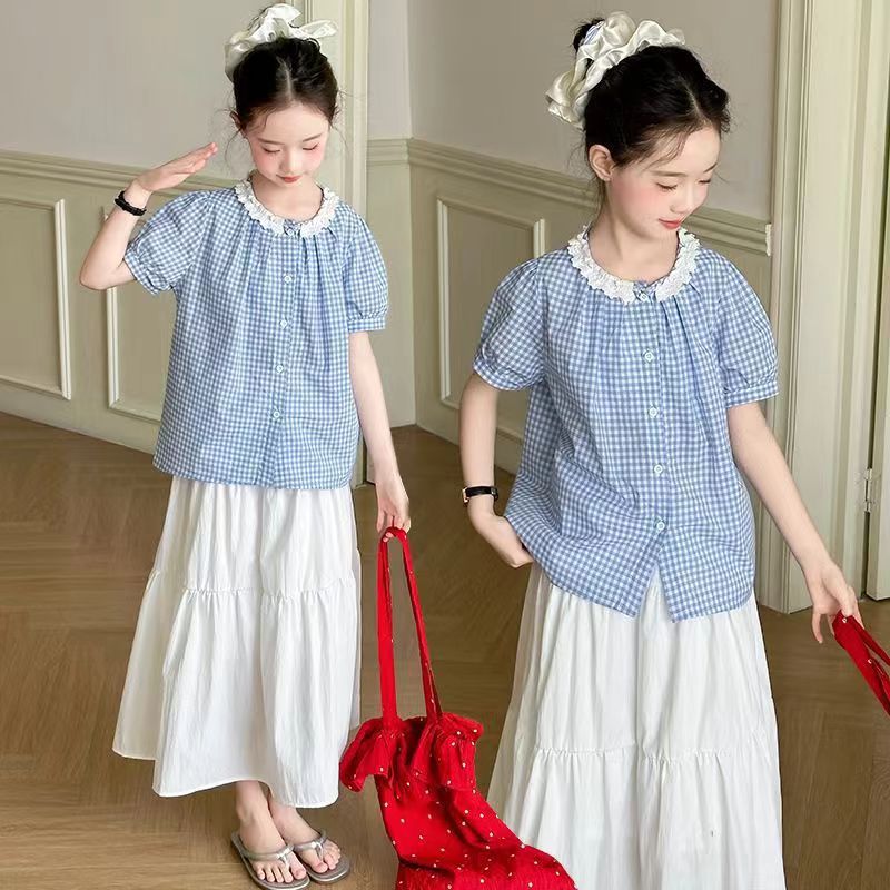 Girls Blue Plaid Lace Skirt Two-Piece Set