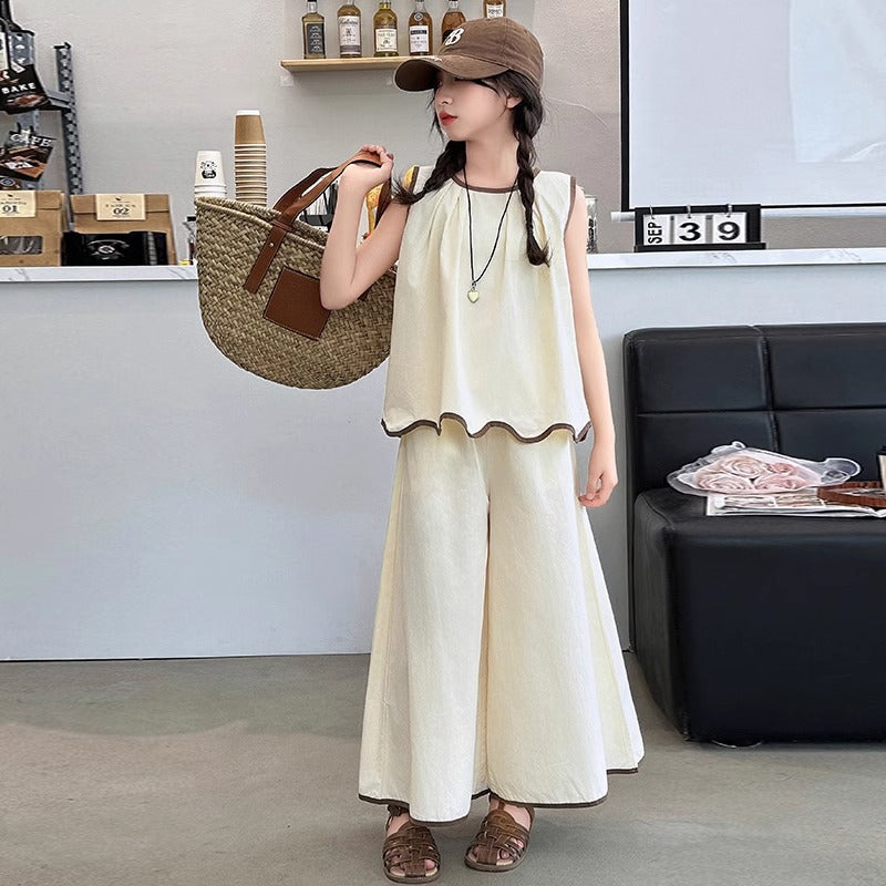 Girls Lace Vest Wide-Leg Summer Two-Piece Set