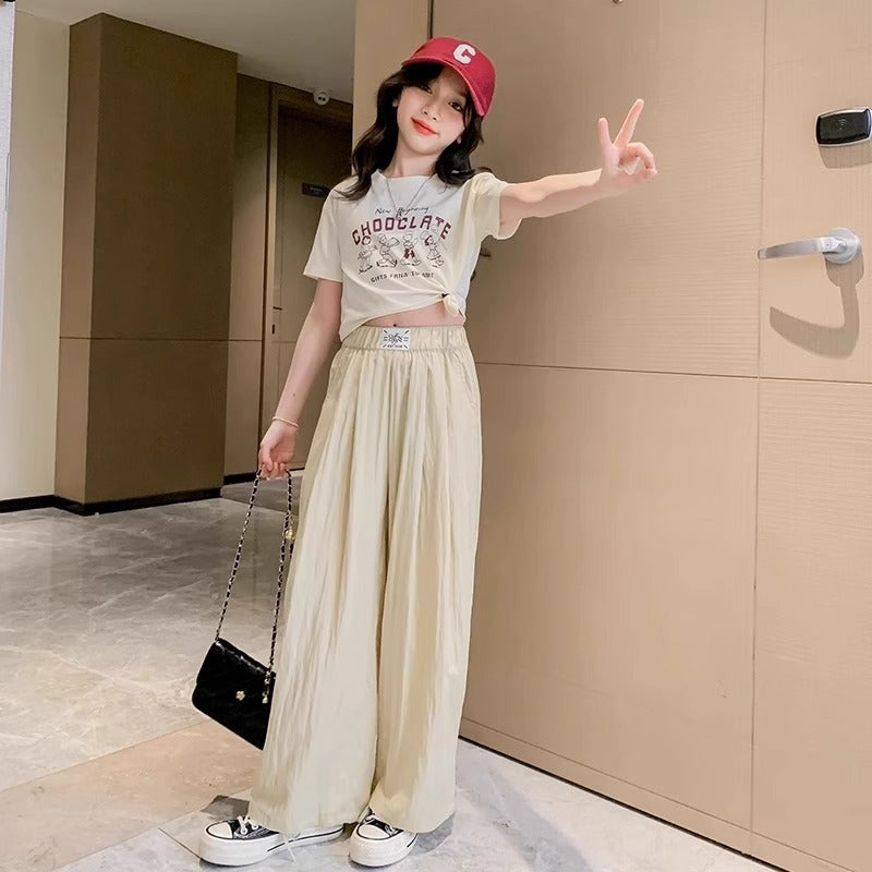 Girls Korean Style Wide Leg Pants Two-Piece Set