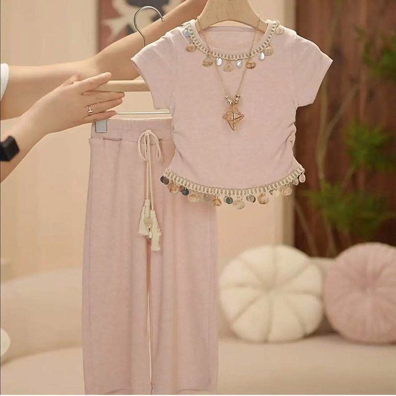 Girls Lace Elegant Wide-Leg Summer Two-Piece Set