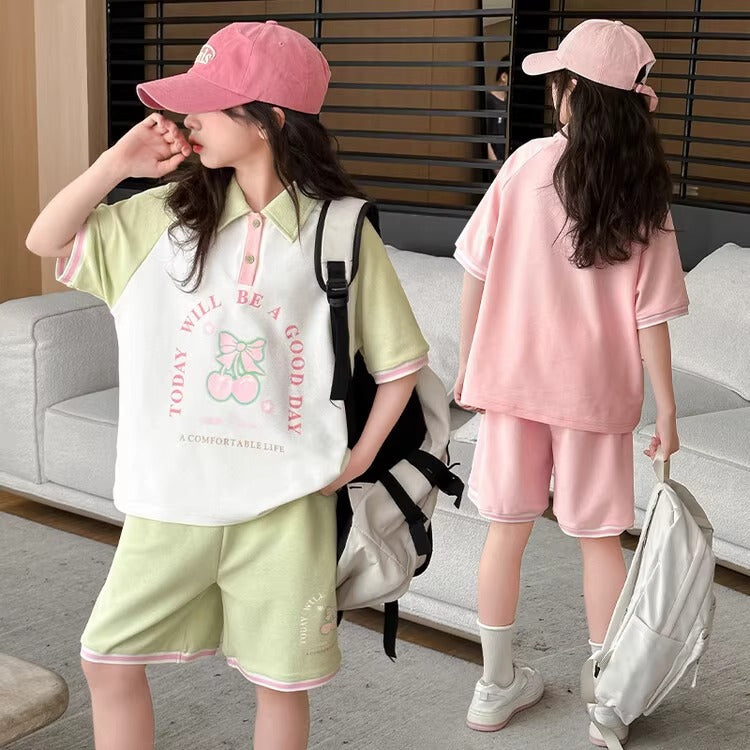 Girls Cartoon Polo Shorts Two-Piece Summer Set