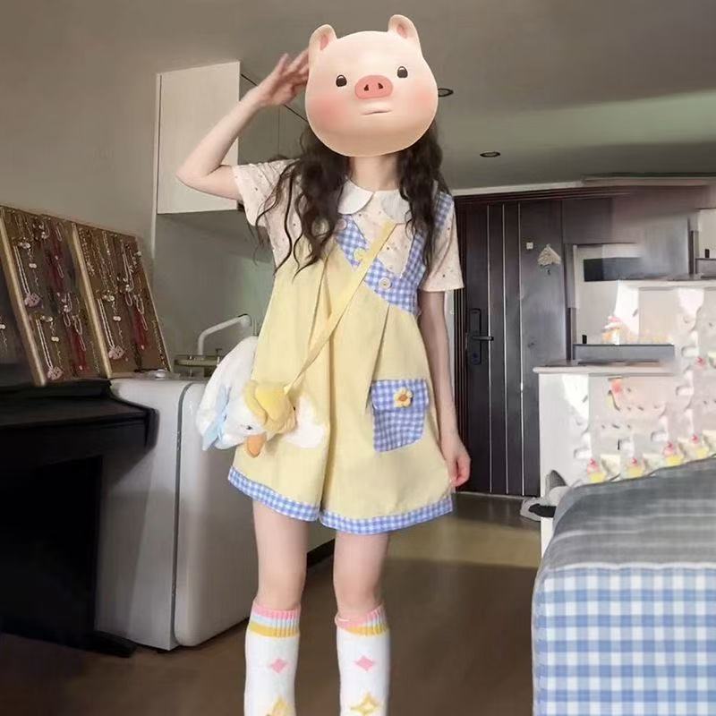 Girls Doll Collar Plaid Shorts Summer Set