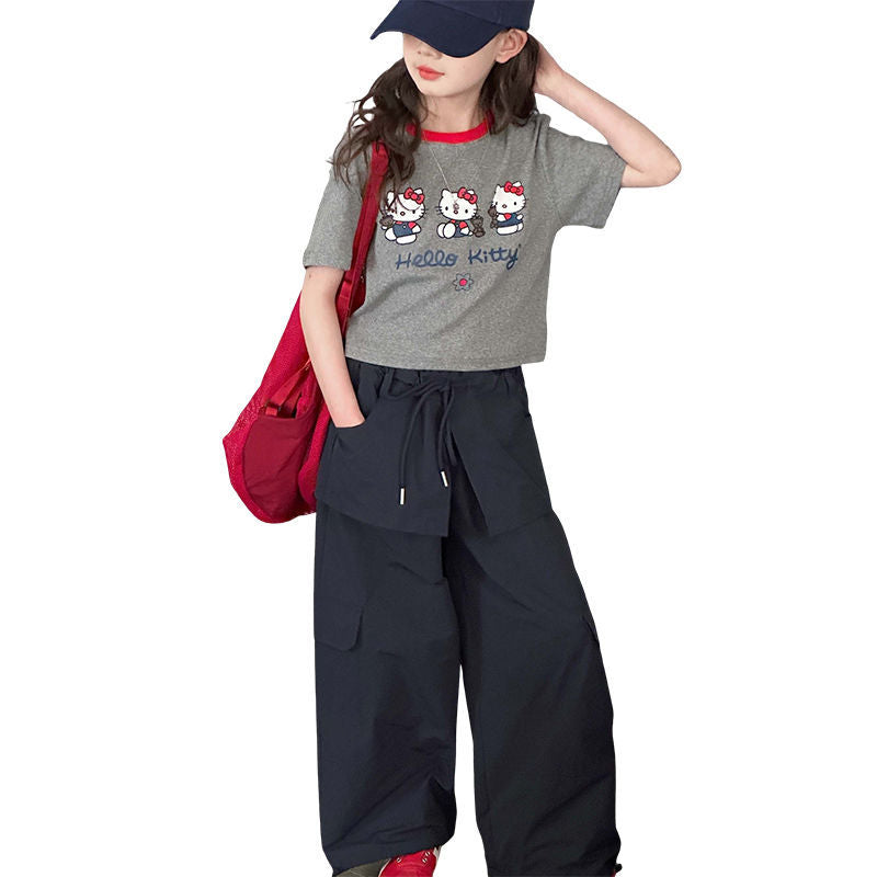 Girls Cartoon Kitten Skirt Two-Piece Summer Set