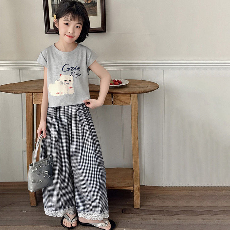 Girls Korean Plaid Wide-Leg Summer Set