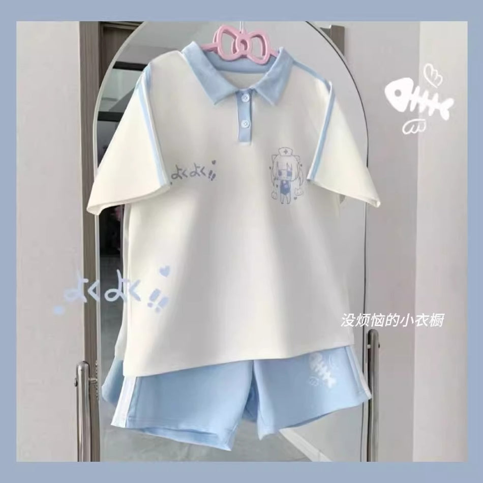 Girls Color-Block Cartoon Shorts Summer Set