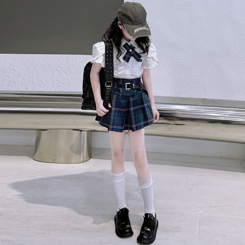 Girls Korean JK Plaid Skirt Summer Set