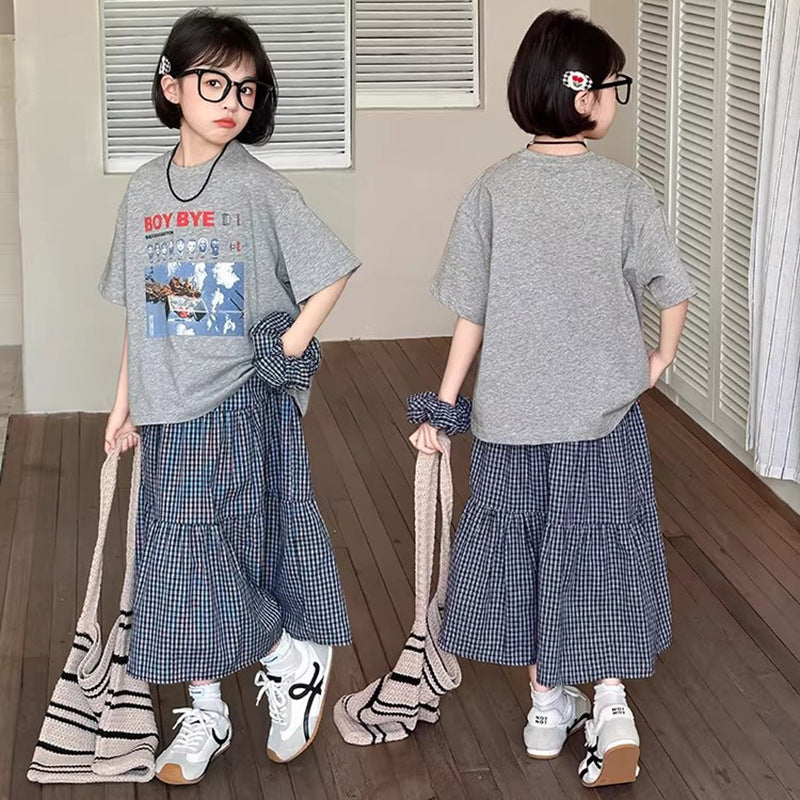 Girls Korean Plaid Skirt Two-Piece Summer Set