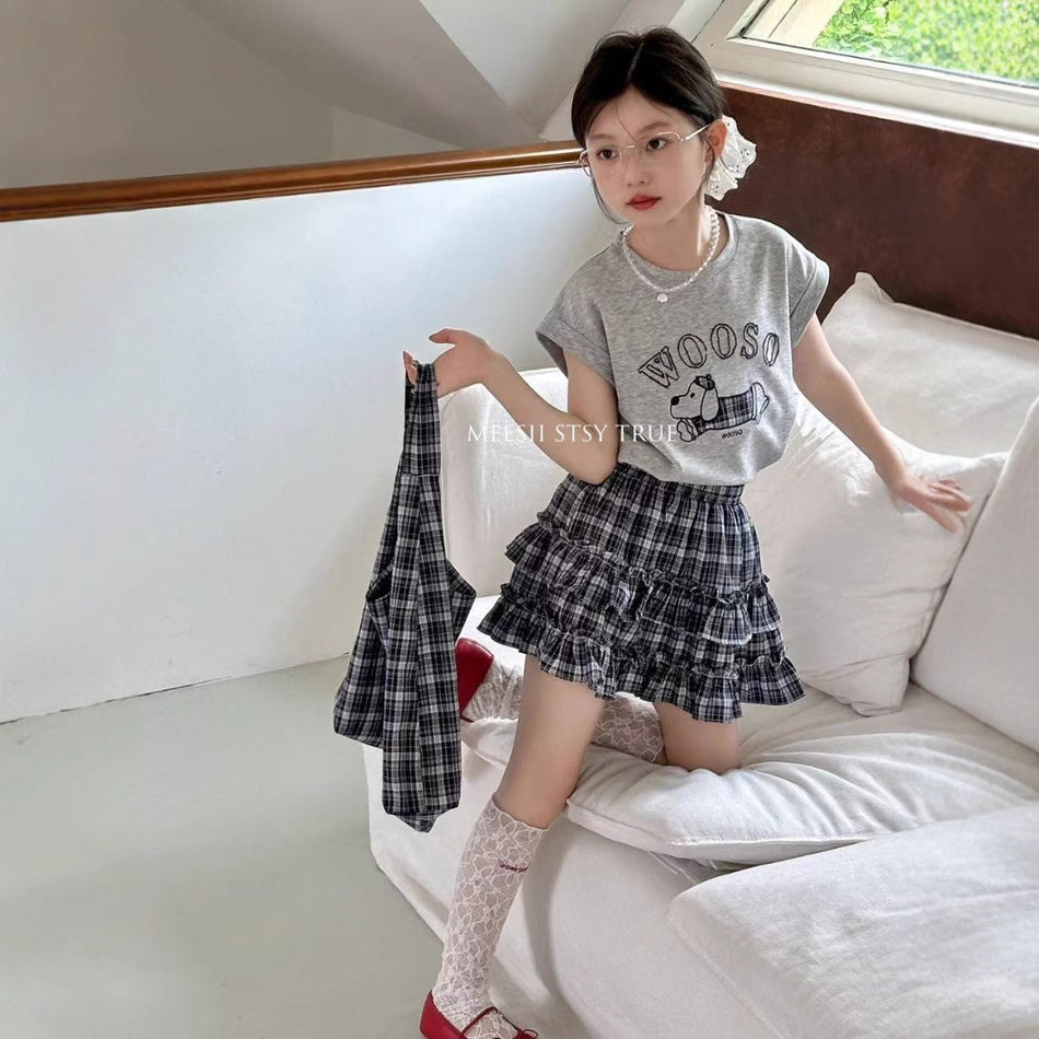Girls Puppy Cartoon Plaid Skirt Summer Set