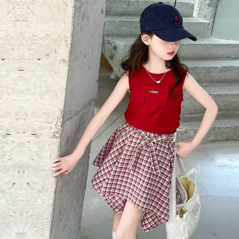 Girls Color-Block Plaid Skirt Summer Set