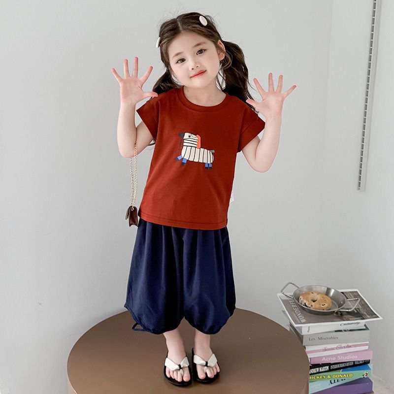 Girls Cartoon Dog Striped Pants Summer Set
