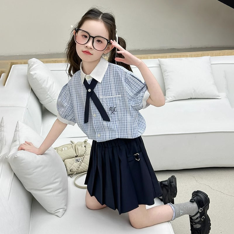 Girls College Style Striped Skirt Summer Set