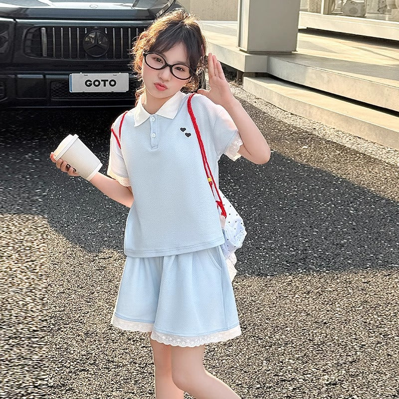 Girls Korean Polo Shorts Summer Two-Piece Set