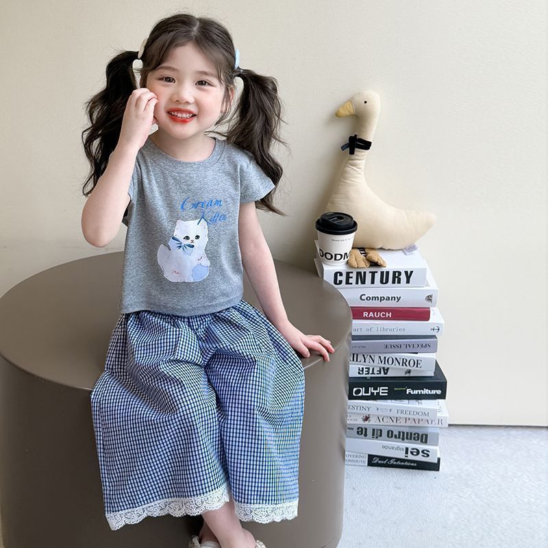 Girls Korean Plaid Wide-Leg Summer Set