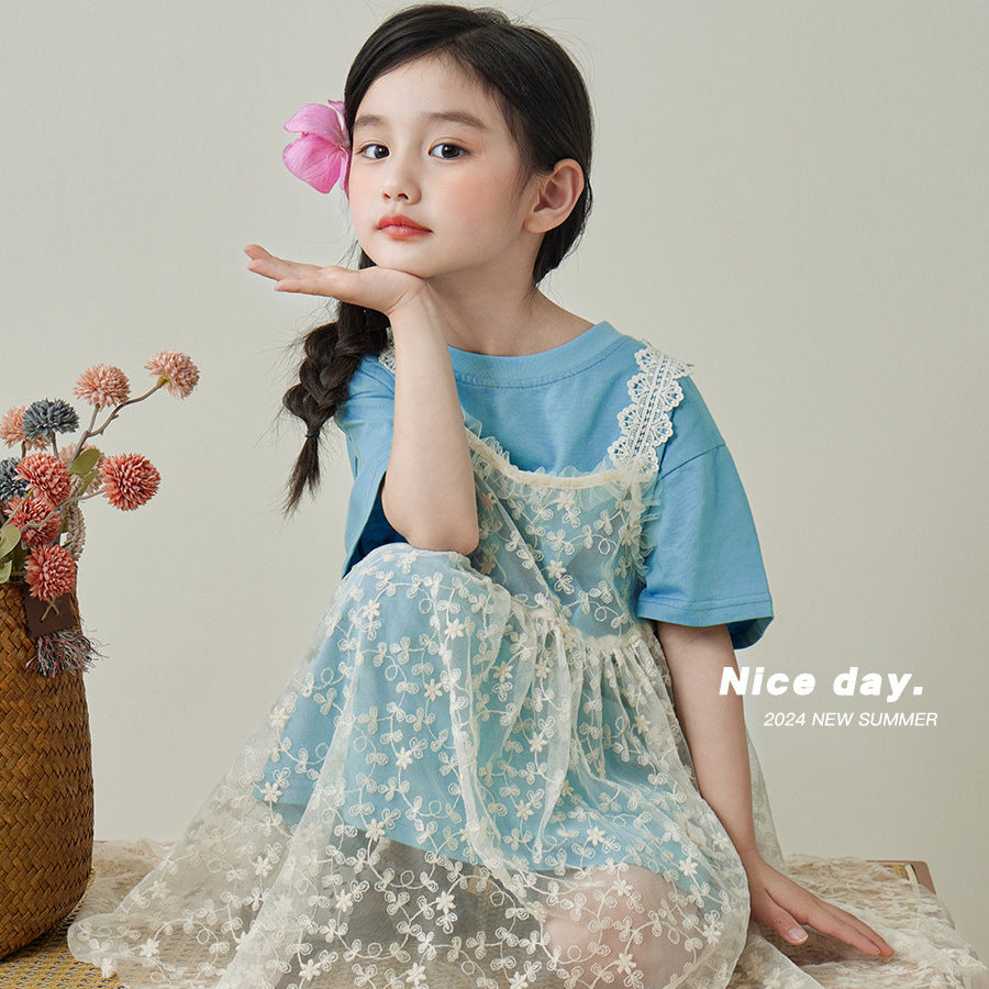 Girls Lace Princess Two-Piece Summer Dress Set