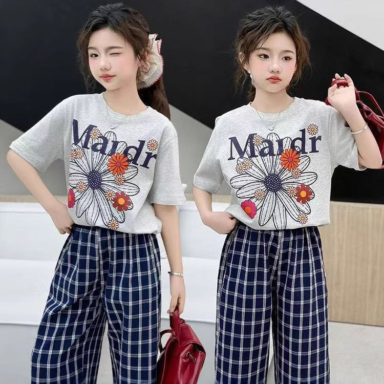 Girls Korean Plaid Pants Summer Two-Piece Set