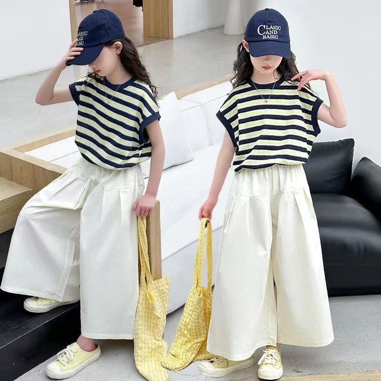 Girls Korean Striped Wide-Leg Summer Set