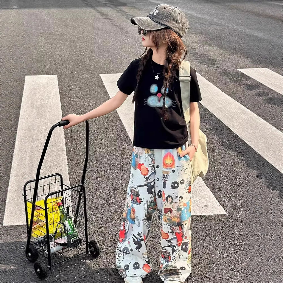 Girls Graffiti Wide-Leg Pants Summer Set