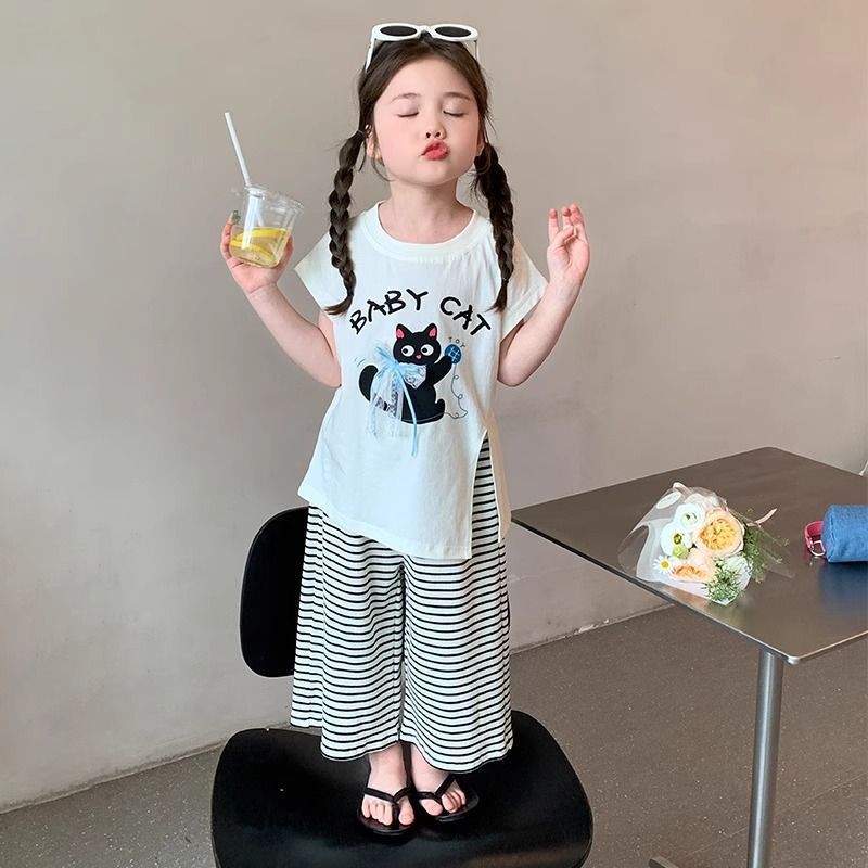 Girls Korean Cat Print Wide-Leg Summer Set
