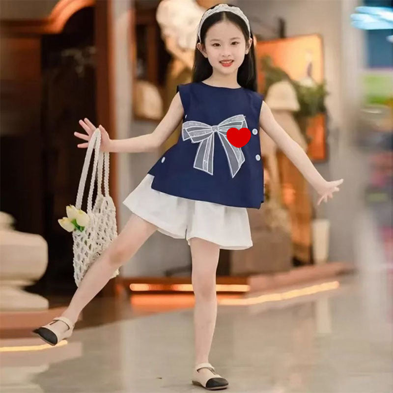 Girls Korean Bow Vest Shorts Summer Set