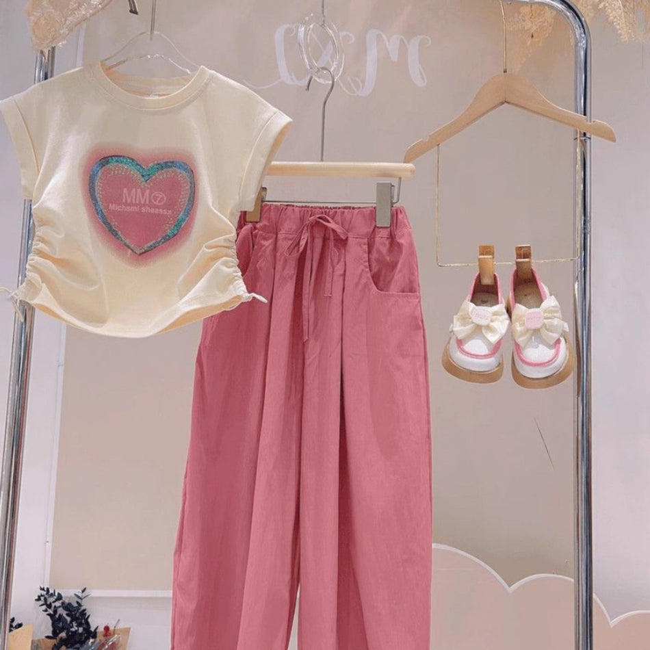 Girls Heart Print Pants Summer Two-Piece Set