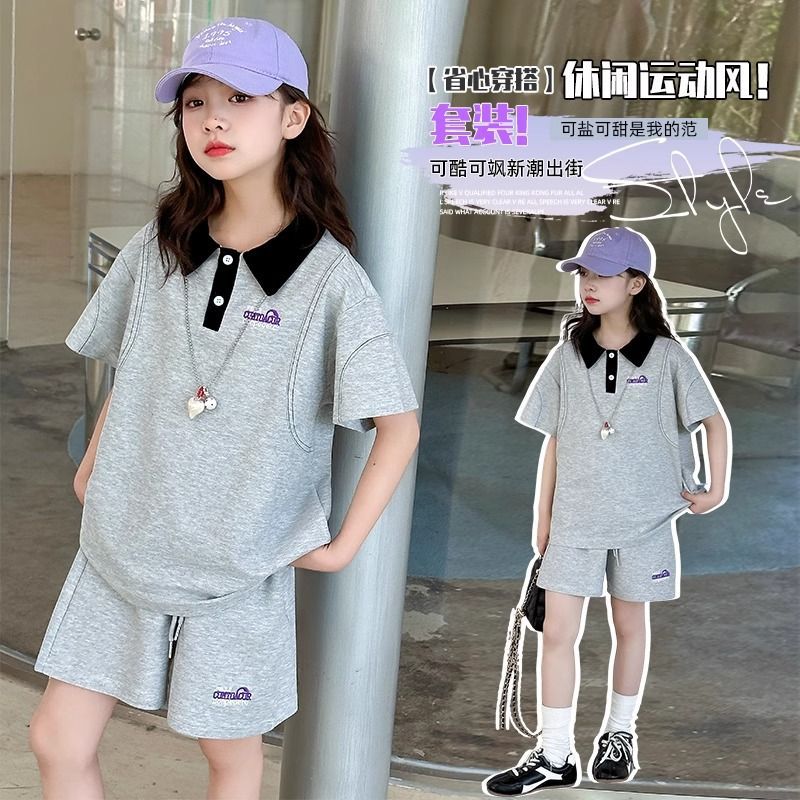 Girls Korean Lapel Shorts Summer Two-Piece Set
