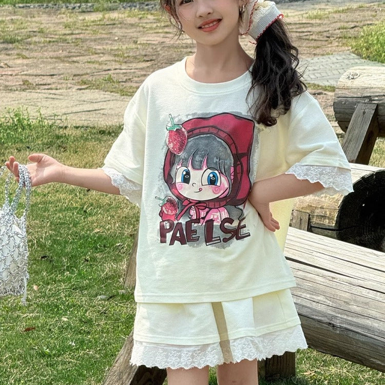 Girls Lace Cartoon Shorts Summer Two-Piece Set