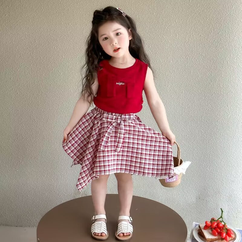 Girls Korean Plaid Skirt Summer Two-Piece Set