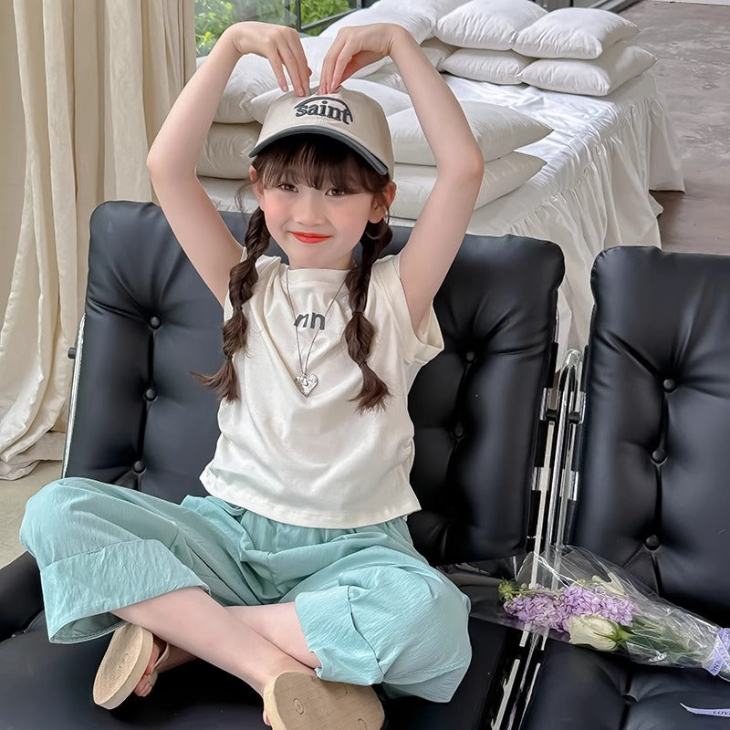 Girls Korean Letter Pants Summer Two-Piece Set