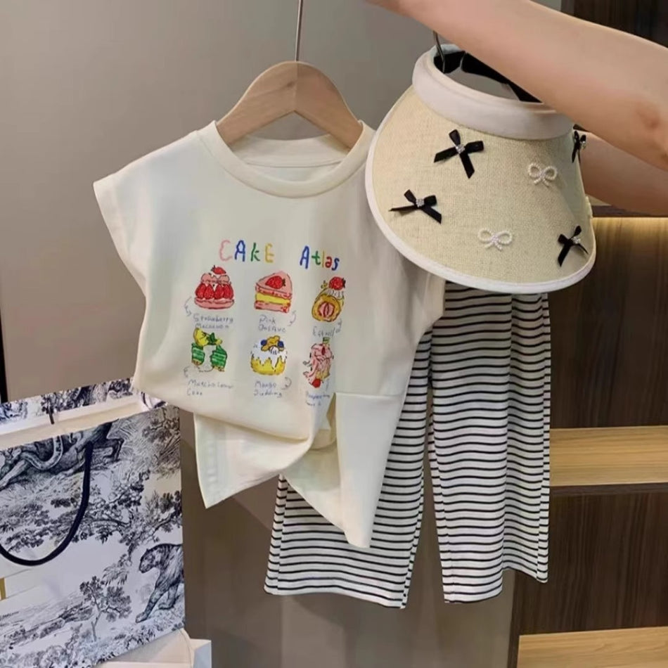 Girls Cartoon Striped Pants Summer Set