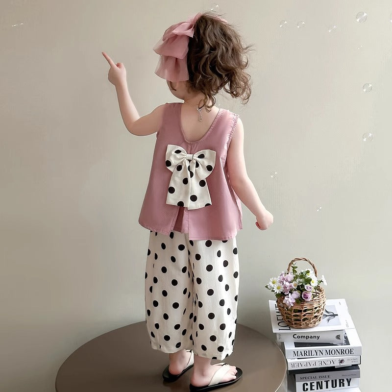 Girls Bow Top Polka Dot Pants Summer Set