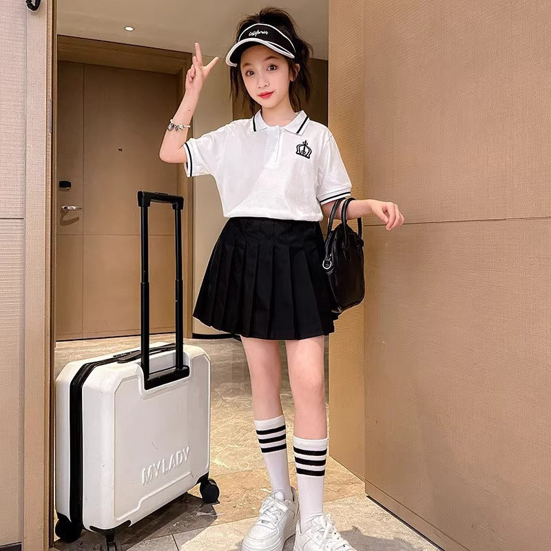 Girls Korean Collar Pleated Skirt Summer Set